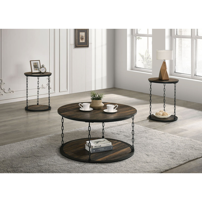Ensemble de table rustique de style rustique 3 pièces 1 table basse 2 tables de bout décoratives à deux niveaux avec rangement brun foncé