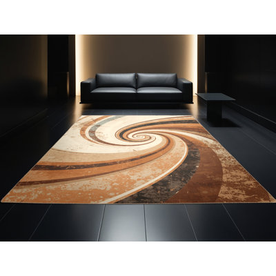 Tapis moelleux moelleux et ornemental à motif spiralé de style rustique et moderne au look brun et beige