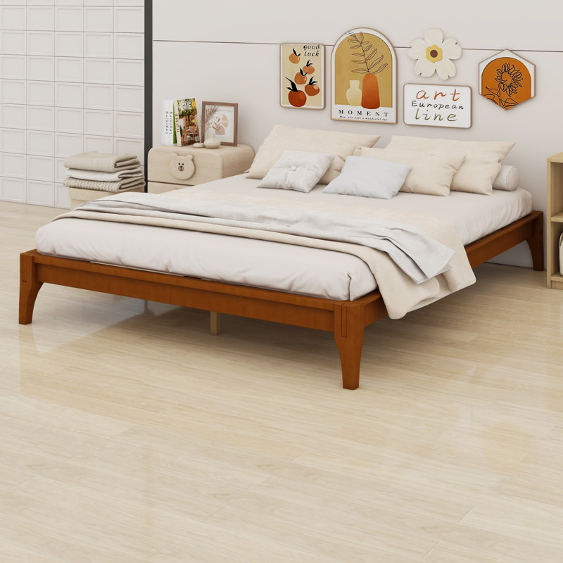 Base de lit plateforme en bois avec support en lattes de bois, Brun