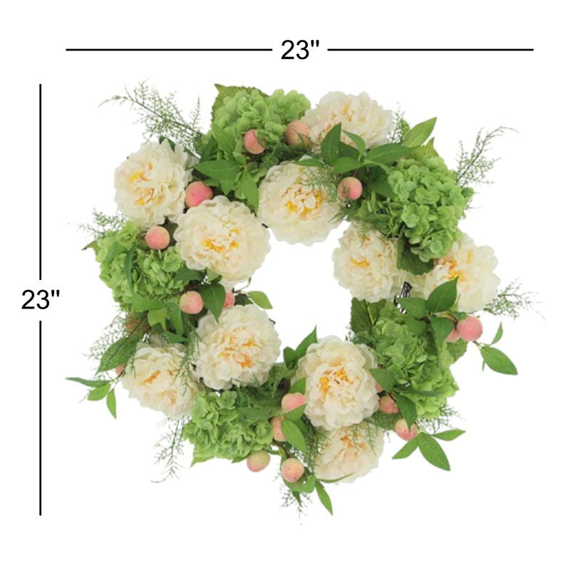 23" Spring Wreath and Centerpiece with Real-Touch Hydrangeas, Peonies and Peaches