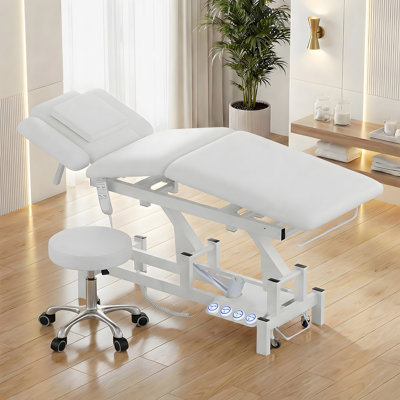Professional Electric Massage Table with Adjustable Height, Backrest & Leg Rest, Dual-Motor Massage Bed with Adjustable Stool, Remote & Foot Control, LED Buttons