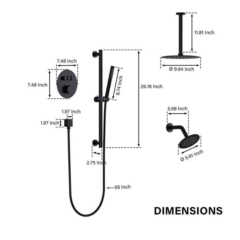 Système de douche double à 3 fonctions avec pluie, tête réglable et baguette manuelle (valve incluse), Noir mat