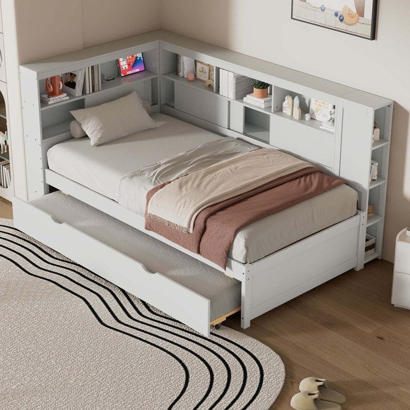 Twin Size Wood Daybed With Storage Shelves, USB And Trundle, White