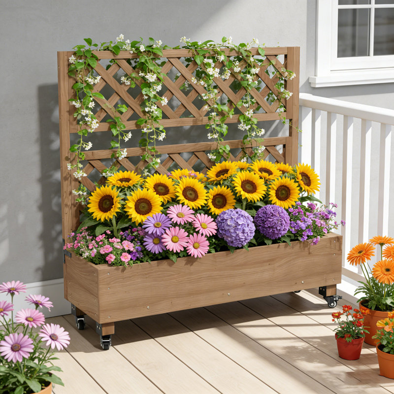 Raised Garden Bed With Trellis, Wheels & Drainage - Planter Box & Privacy Screen