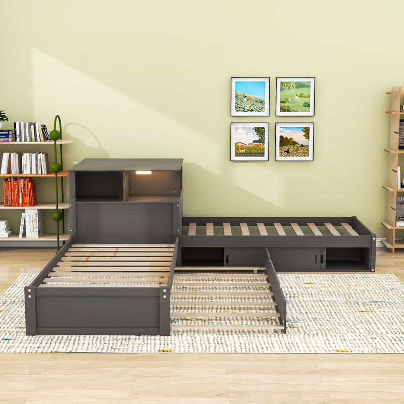Lit plateforme simple en L en bois avec lit gigogne simple, tablettes de rangement et lumière DEL, gris