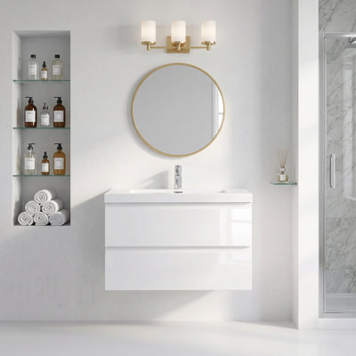 Meuble-lavabo mural de salle de bain de 76 cm (30 pouces) en bois fabriqué étanche avec lavabo en résine intégré et rangement, entièrement préassemblé