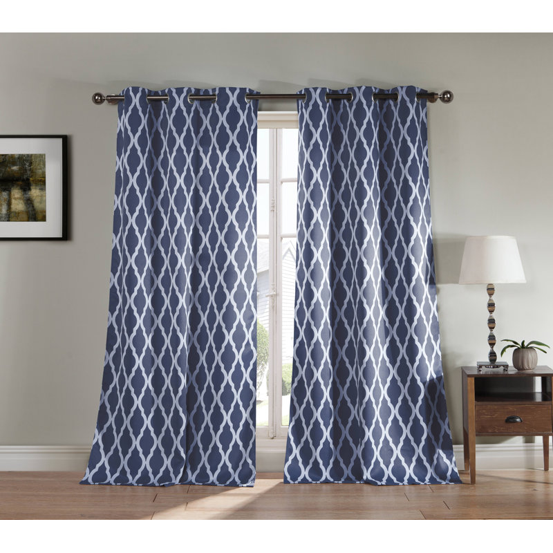 Domenico Blackout Curtain Pair, 38" W x 112" L, Navy/White