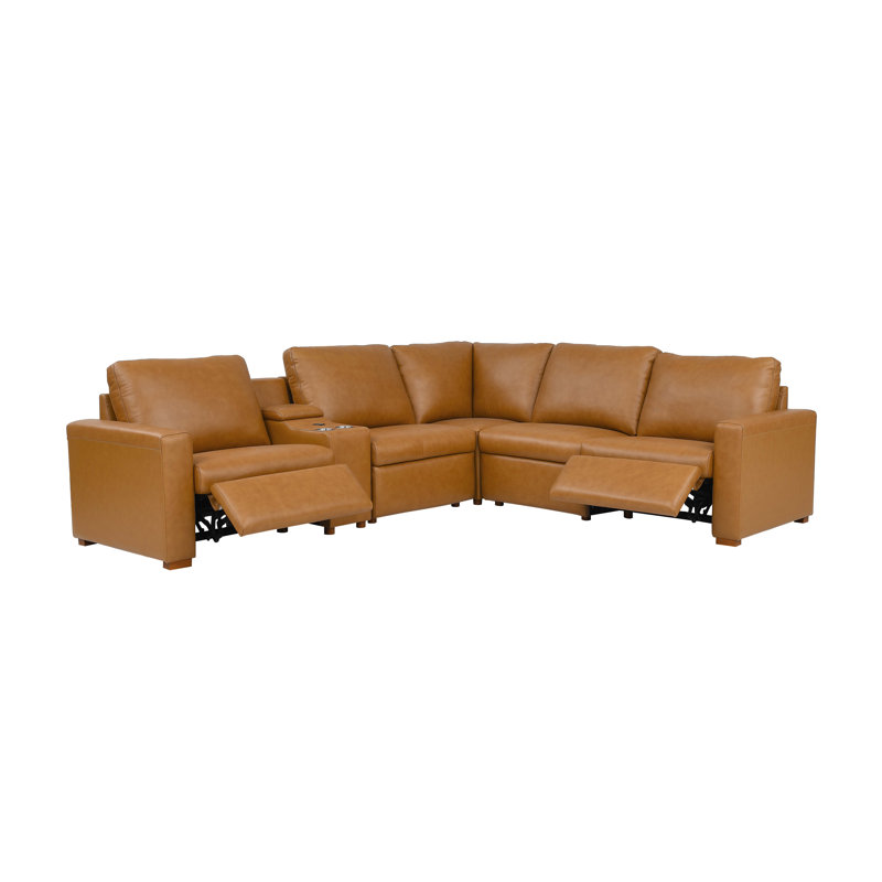 132" W Hudson Recliner Leather-Matched Sectional, Yellow Leather Match