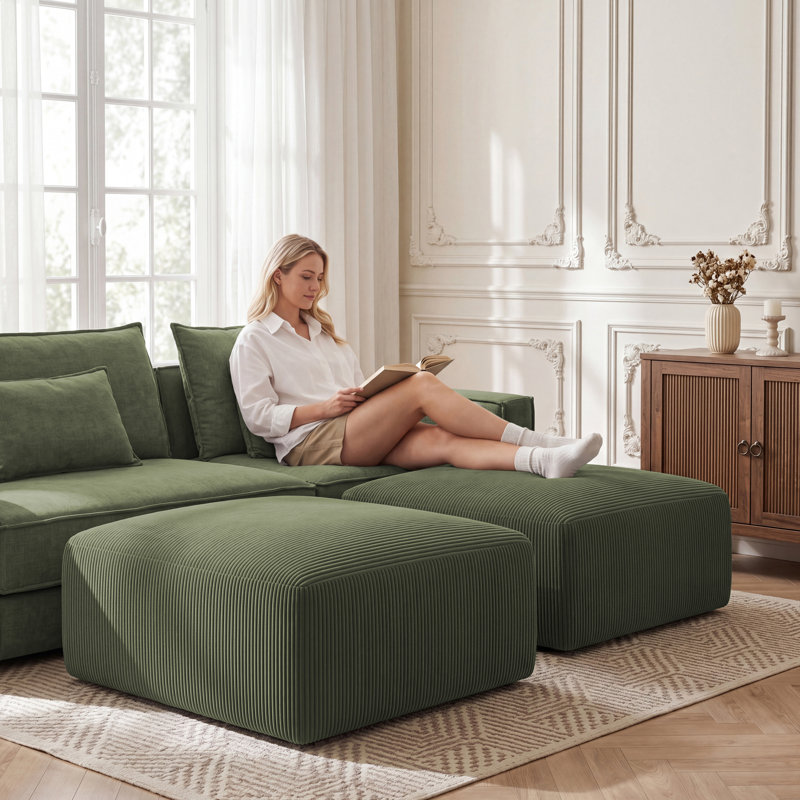 31"W Corduroy Rectangle Compression Pouf Upholstered Ottoman(Set of 2) Footstool Module Part for Sectional Sofa, Green