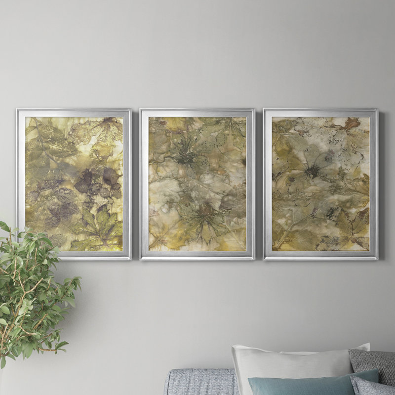 Eco Print I - ensemble de 3 peintures sur toile encadrées, Argent, H 30,5 po x l 127,5 po x P 4,5 po