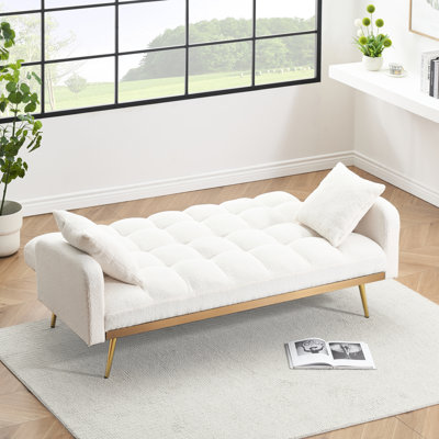 Lit beige réglable de 69 pouces pour la chambre à coucher, trois vitesses au lit, structure en bois massif et siège à ressorts en S idéal pour les petits espaces, conversion, placement des accoudoirs confortable