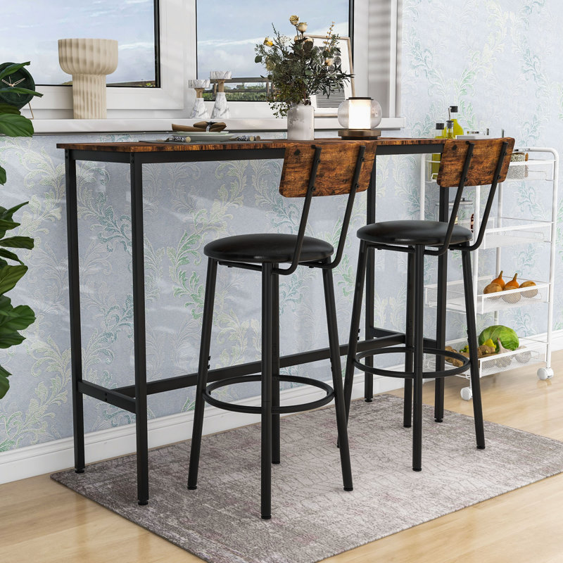 3-Piece Dining Table Set, Rustic Rectangular Table with Upholstered Chairs and Adjustable Foot Pads, Black/Brown