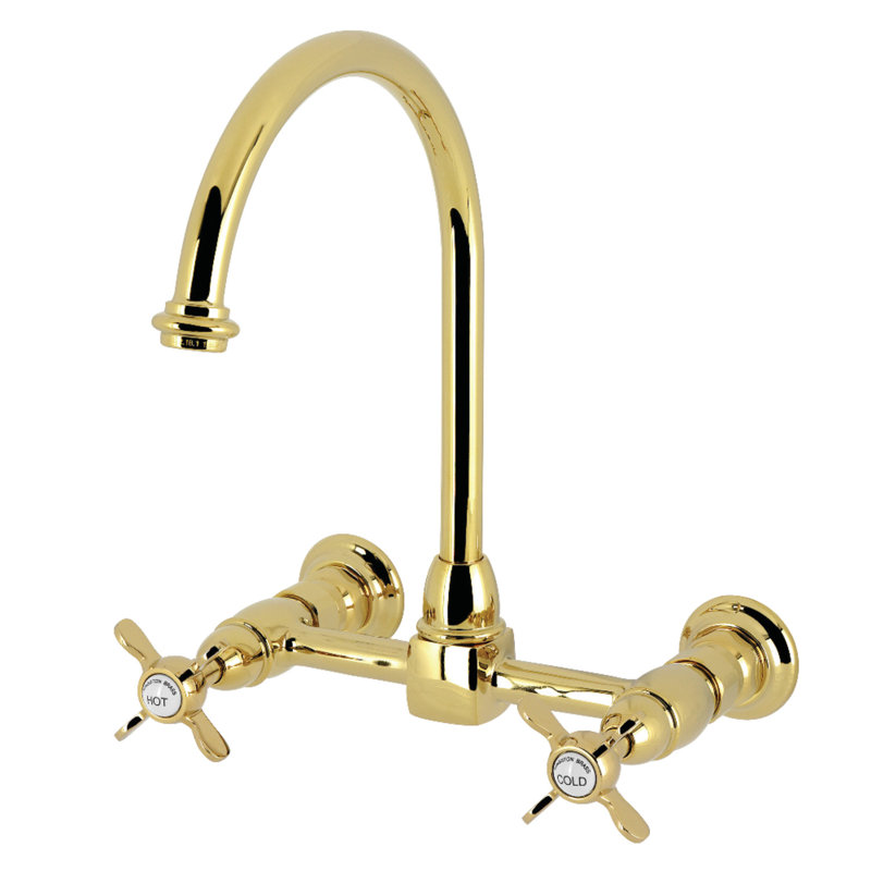 Kingston Brass Bel-Air Two-Handle 2-Hole Deck Mount Bridge Kitchen Faucet, Polished Brass, Cross