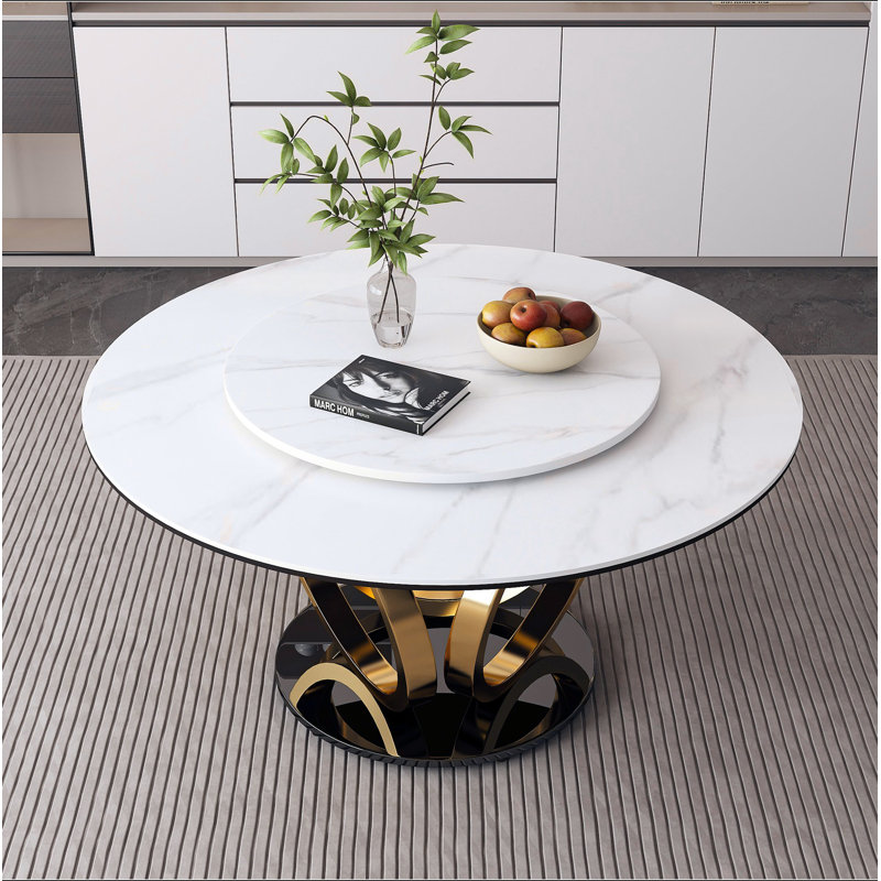 Table de salle à manger ronde 53 po 53 po avec plateau tournant à 360 ° lisse et résistant aux taches et à la chaleur, design minimaliste moderne pour la salle à manger, la cuisine, le coin-repas et l'espace compact (table seulement)