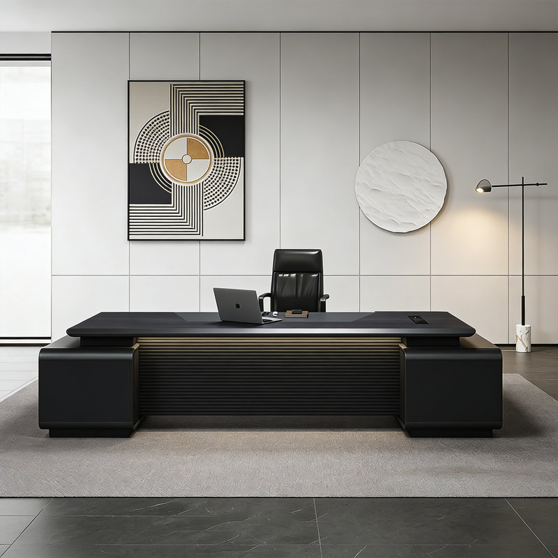 Bureau de direction en L gris clair luxueux moderne en forme de L avec prises de courant intégrées et tiroirs à verrouillage numérique par mot de passe