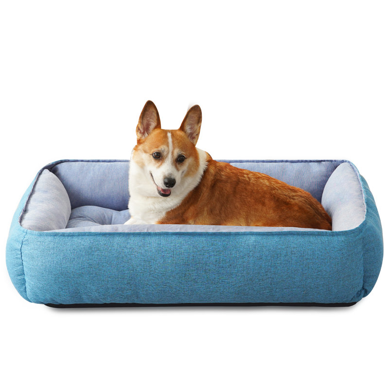 Large Blue Linen Rectangle Pet Bed with Bolster Cushion