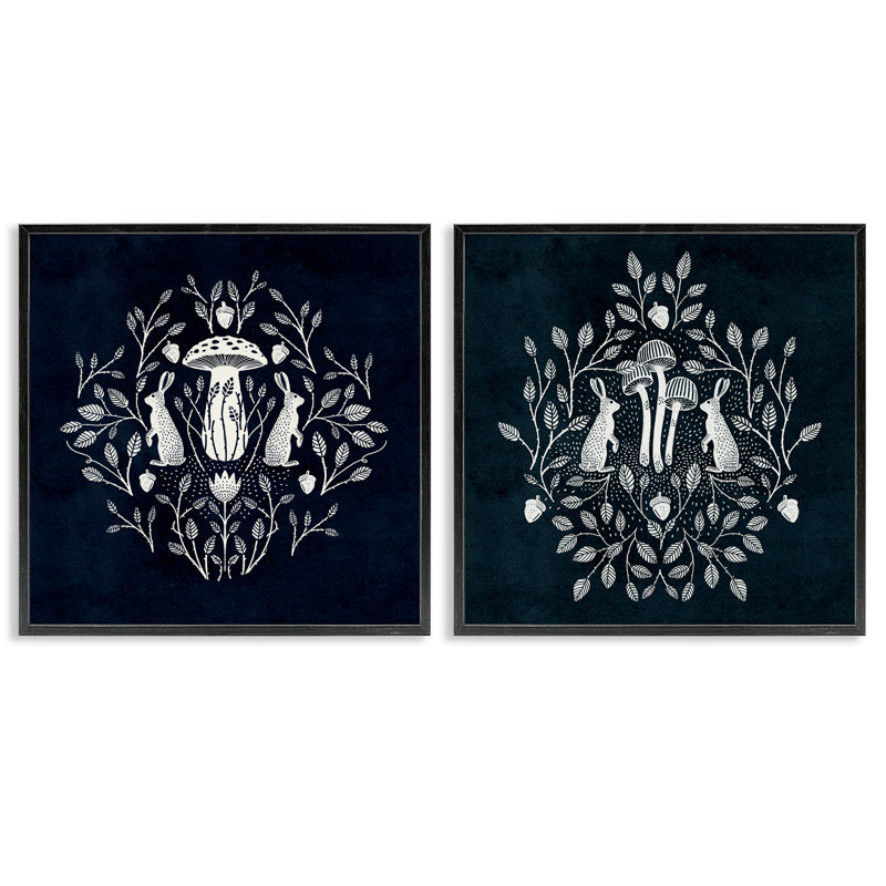  «Boho Miroired Floral Bunnies», ensemble de 2 giclées par Katie O'Shea, H 12 po x l 12 po, Giclée encadrée noir minuit