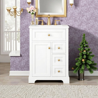 Meuble-lavabo de 24 po avec lavabo en bois de pin massif et panneau de fibres à densité moyenne, 3 tiroirs et armoire, support de rangement