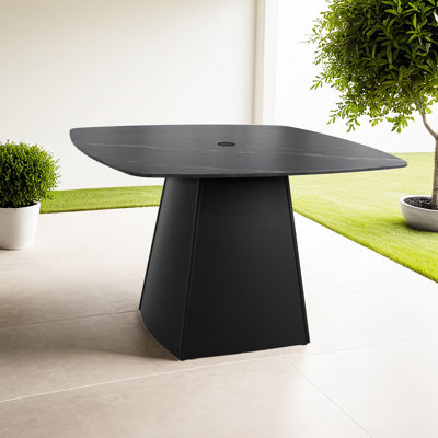 44" Outdoor Dining Table With Elegant Black Sintered Stone Top, Flared Aluminum Pedestal, For Poolside Lounging Modern 44"x44" Rounded Square Table, Stone, Rust-, Suitable Activities