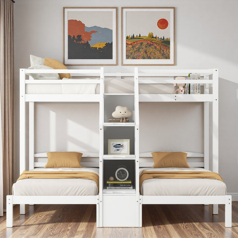 Lit superposé avec escalier de rangement intégré, tiroir et plateau de rangement supérieur