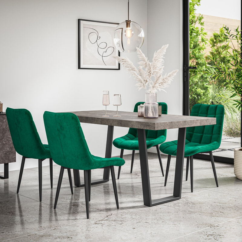 Wapella Modern Dining Set And Black Metal Legs with Nova Velvet Chairs Set, Grey/Black/Green, Table, 6 Chairs