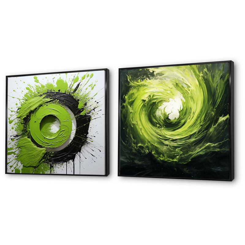 «Green Spiral Neon Fusion I», ensemble de 2 collages abstraits, Cadre flottant noir, H 16 po x l 33 po x P 1 po