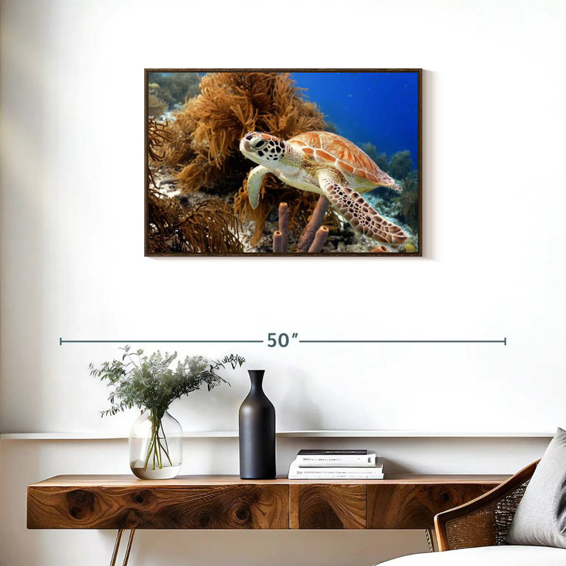 Tortue de récif, 31 po x 21 po, Cadre flottant noyer