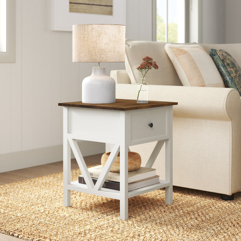 Solid Wood End Table with Storage, Gray, White Wash