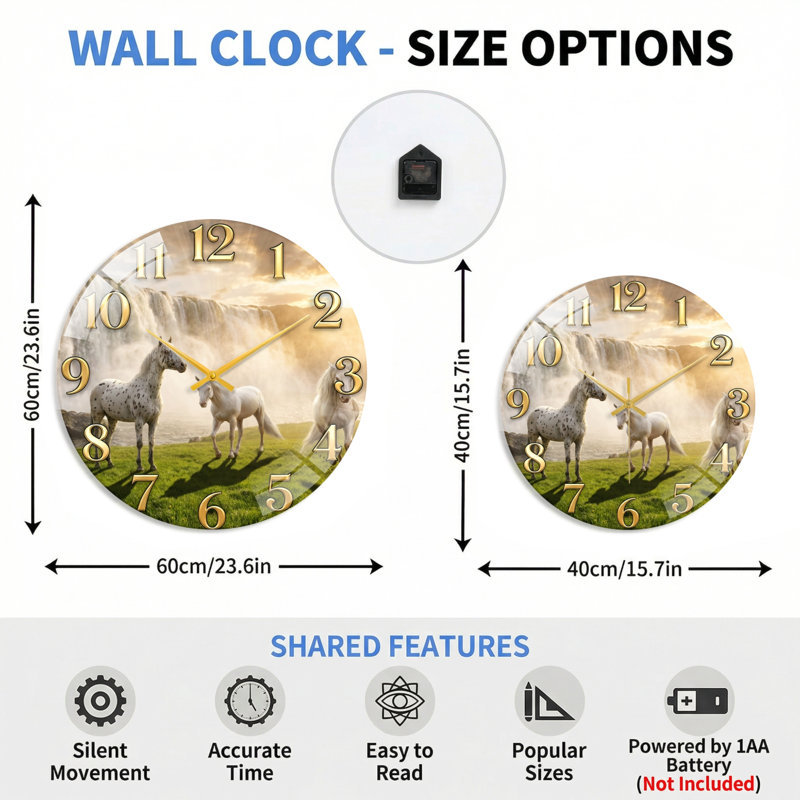 Horloge murale cheval en verre, 40 x 40 cm (15,7 x 15,7 pouces)
