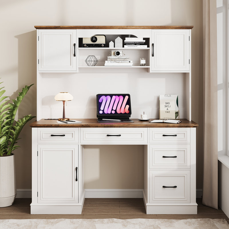 67" H Farmhouse Executive Desk With Hutch, Brown/White