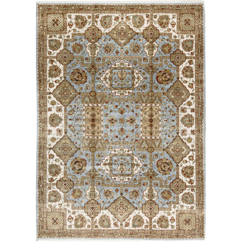 Tapis bleu et ivoire de haute qualité noué à la main