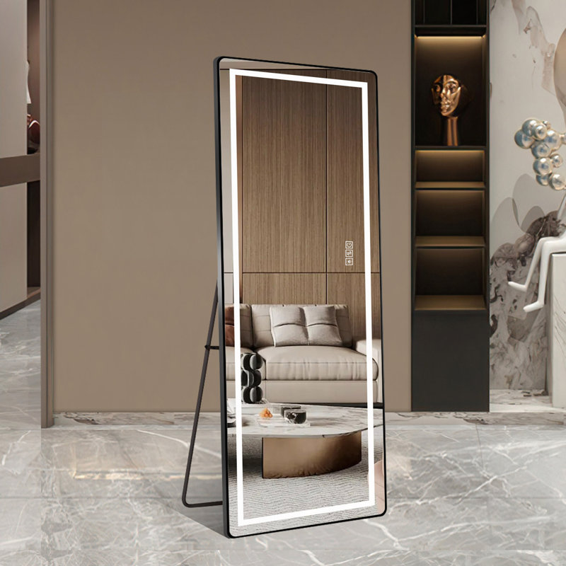 Miroir vertical pleine longueur 64 po x 21 po avec éclairage DEL, miroir de plancher illuminé avec support, miroir mural avec cadre mince en alliage d'aluminium pleine longueur