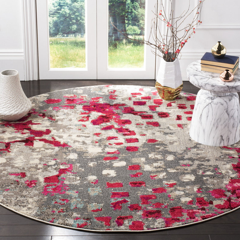 Hertzler Abstract Area Rug, Round 6'7", Grey/Fuchsia