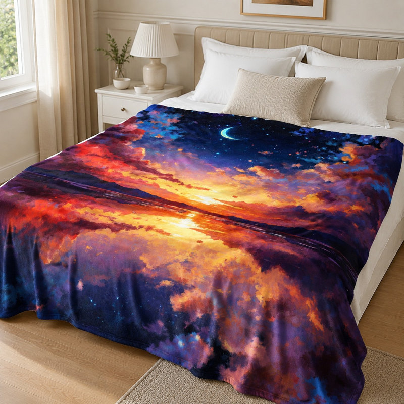 Vibrant Sunset and Moon Throw Blanket, Artistic Sky Water Reflection Sunset Moon Night Scene Pattern, Ultra Soft, Lightweight, Breathable, All-Season, Skin-Friendly, Machine Washable, Decorative, for Sofa, Couch, Living Room and Bedroom