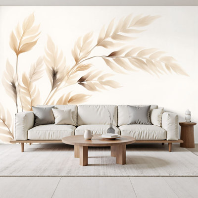 Vintage Wall Mural Elegant Beige Brown Botanical Leaves Watercolor 69"H x 96"W  Peel and Stick Wallpaper Wall Decor for Bedroom Living Room Home Office