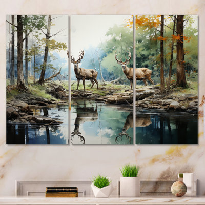 «Deer Majestic Reflections on Canvas», reproduction de 3 pièces