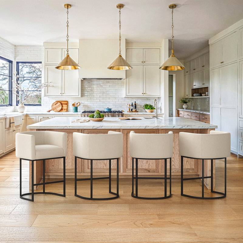27"Upholstered Counter Stools With Curved Barrel Back, Metal Frame And Footrest, Linen Linen Seat/Black Frame