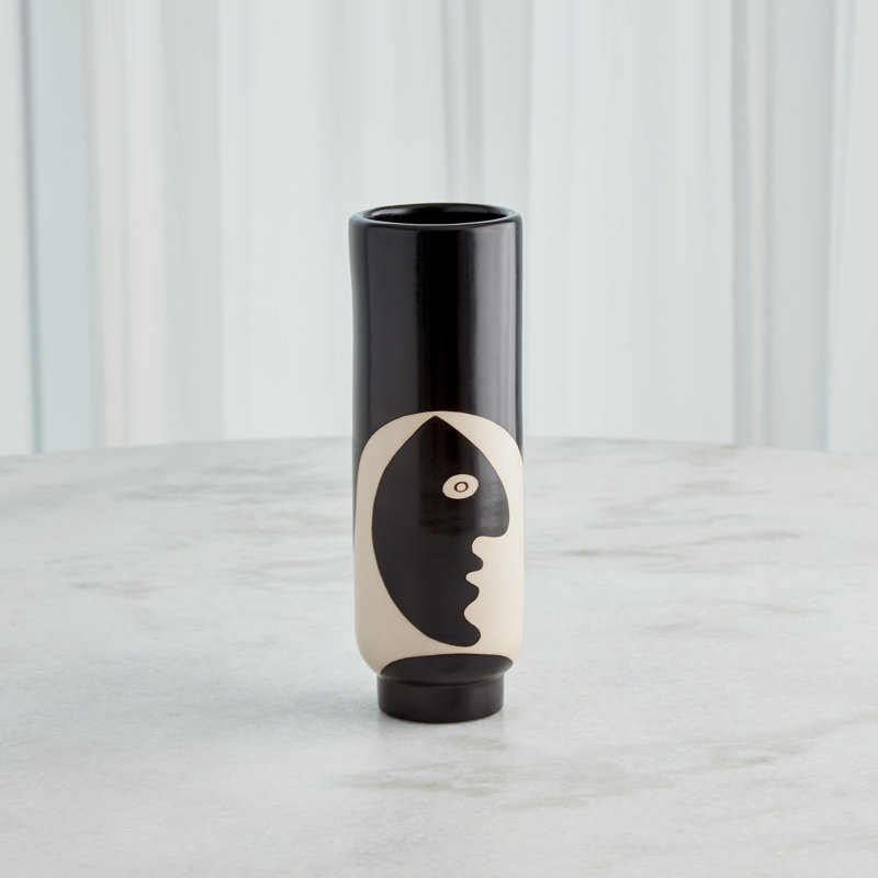 Simple Face Handmade Ceramic Table Vase, Black/Natural
