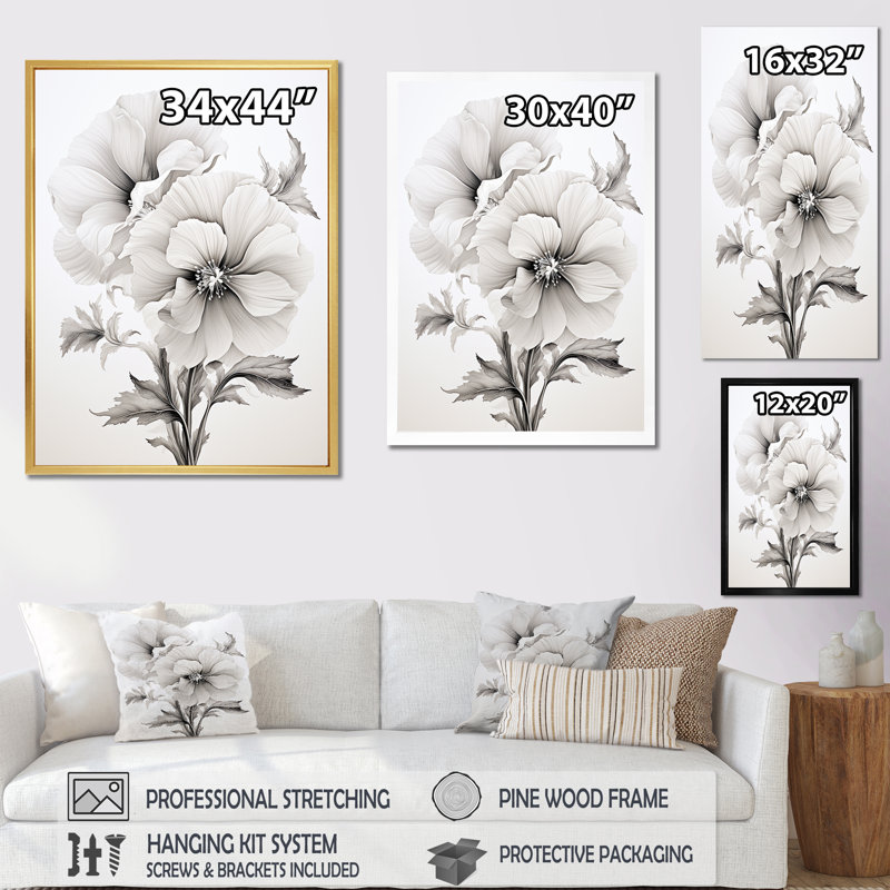 «Gray Timeless Minimalisme Hibiscus», reproduction sur toile, Cadre doré simple, H 32 po x l 24 po x P 1 po