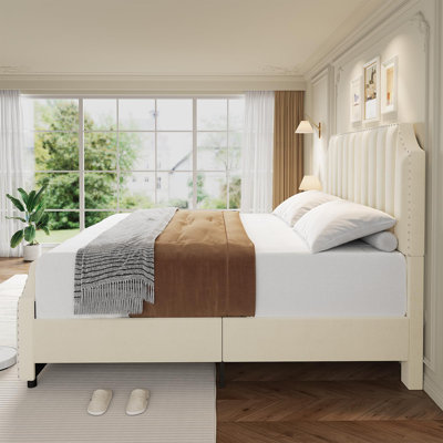King Bed Frame, Upholstered Platform Bed with Tall Headboard, Velvet Vertical Channel Tufted, Nailhead Trim, No Box Spring Needed, Easy Assembly
