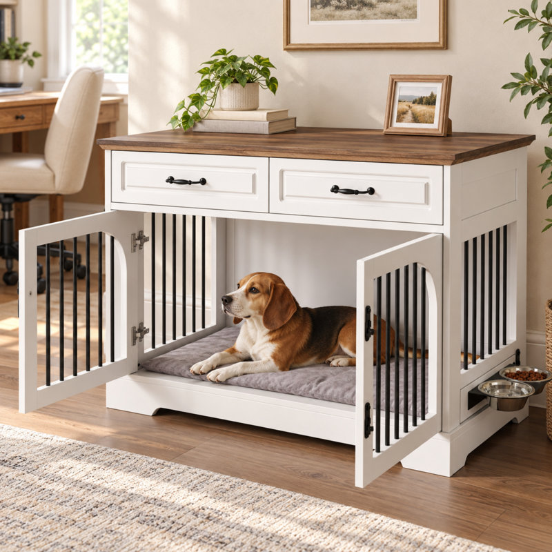 Meuble de cage de 43,3 pouces avec 2 tiroirs de rangement, double porte et 2 gamelles.