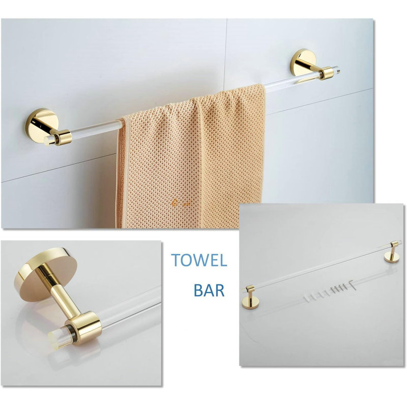 Acrylic Gold Bathroom Accessories Set - Wall Mounted Towel Bar, Toilet Paper Holder And Hook - Modern Bathroom Hardware Set With Brass Base - Durable And Rustproof