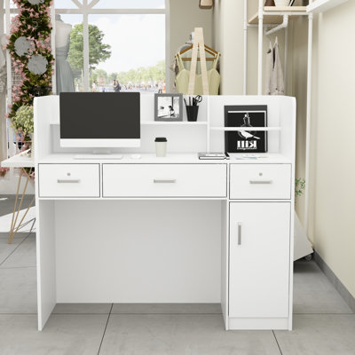 120cm White Reception Desk with Lockable Drawer & Storage Cupboard for Salon or Office
