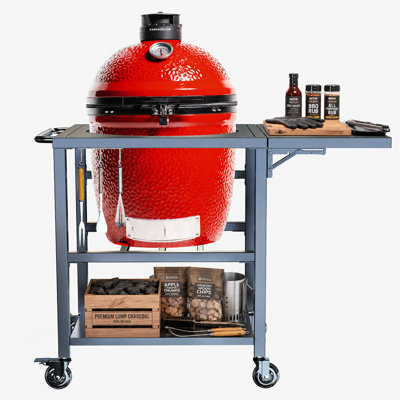 Outdoor Grill Table Cart for Kamado Joe, Heavy Duty Metal Rolling Kamado Stand with 3 inch Casters, Sturdy Side Table, Hooks, Prefect for Kamado Joe ClassicJoe, Classic II & III