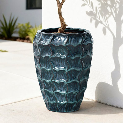 Coastal Ceramic Planter, Glossy Blue Teal Ceramic with Textured Scale Design