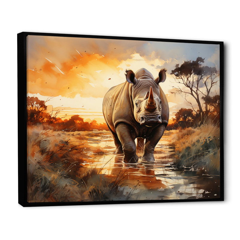 Rhinocéros «A Vast Sunset» - impression, H 30 po x l 40 po x P 1,5 po, Cadre flottant noir