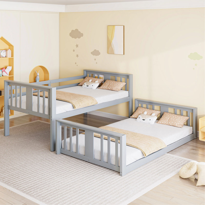Lit superposé simple au-dessus d'un lit simple avec glissière et échelle, gris