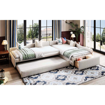 Upholstered Double Twin Size Daybed, Trundle, Drawer, Beige, No Box Spring, Hosting Guest Rooms, Spring Needed
