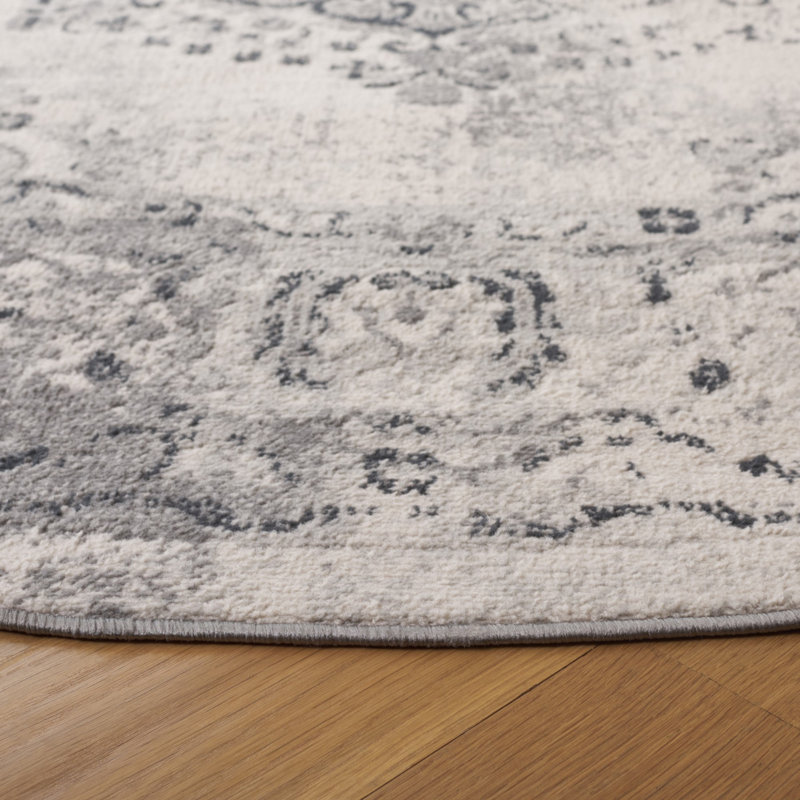 Tapis gris / ivoire en polyester tissé à la machine Haval, Rond 6 pi 7 po