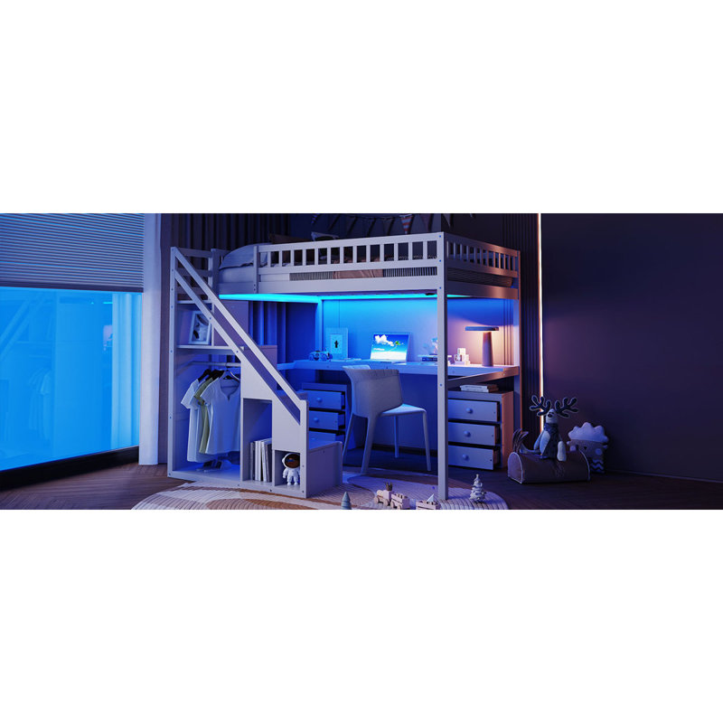 Lit mezzanine double avec commode, bureau et bande lumineuse, blanc, Blanc